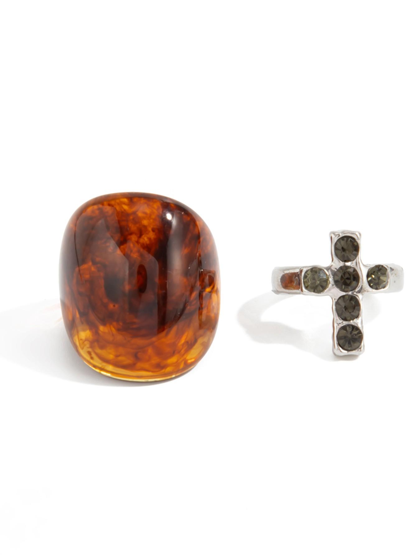 2 Pcs Vintage Geometric Amber Ring Set, Women's Metal Rhinestone Cross Rings, Party & Daily Wear Jewelry Gift Set