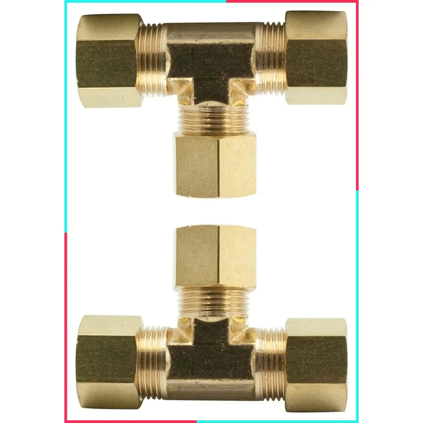 Brass Compression Tee Union Fitting, 3-Way Connector, 1/4 Inch Tube OD, Pack of 2