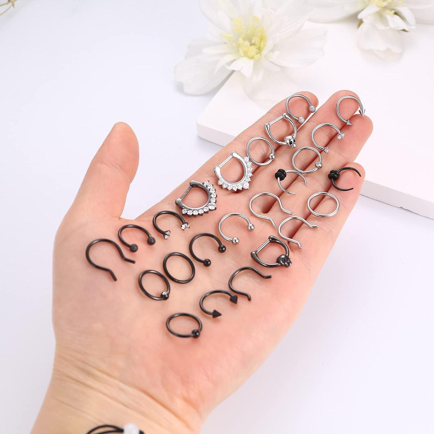 24PCS 16G Hypoallergenic Surgical Steel Septum Clicker Hoops Bundle Unisex, 8mm & 10mm CZ Inlaid Horseshoe Multi-Wear Piercing Jewelry, Nose Rings Set Lip Helix Daith Cartilage Rings