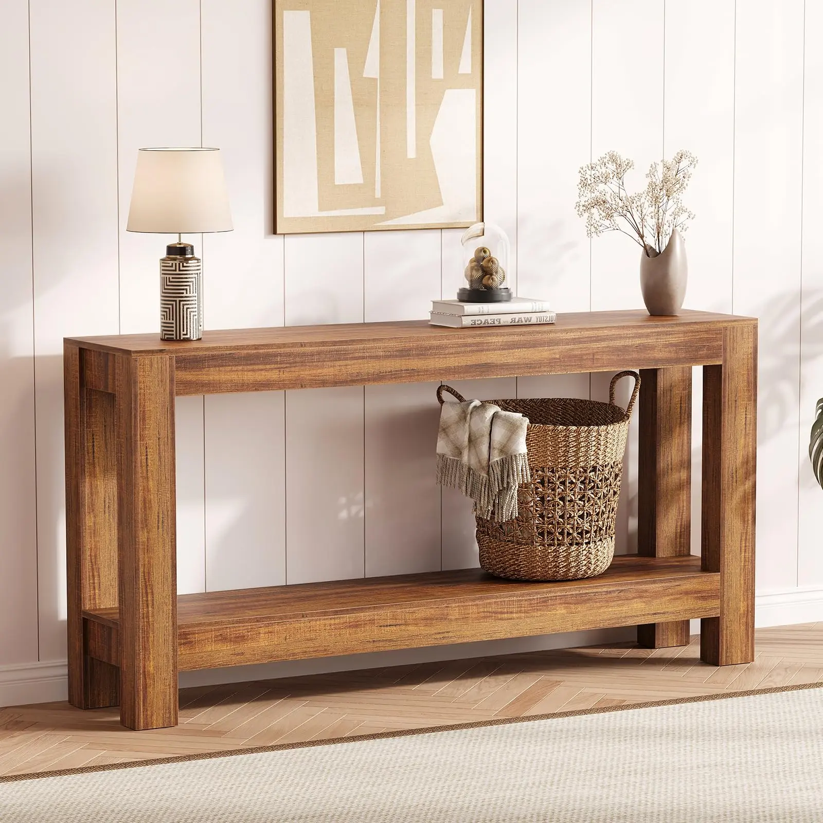 Rustic Narrow Farmhouse Console Table with 2 Tiers, 63 Inch Long Sofa Table for Entryway, 31.9 Inch Tall Slim Hallway Table for Living Room, Wooden Farmhouse Entry Table
