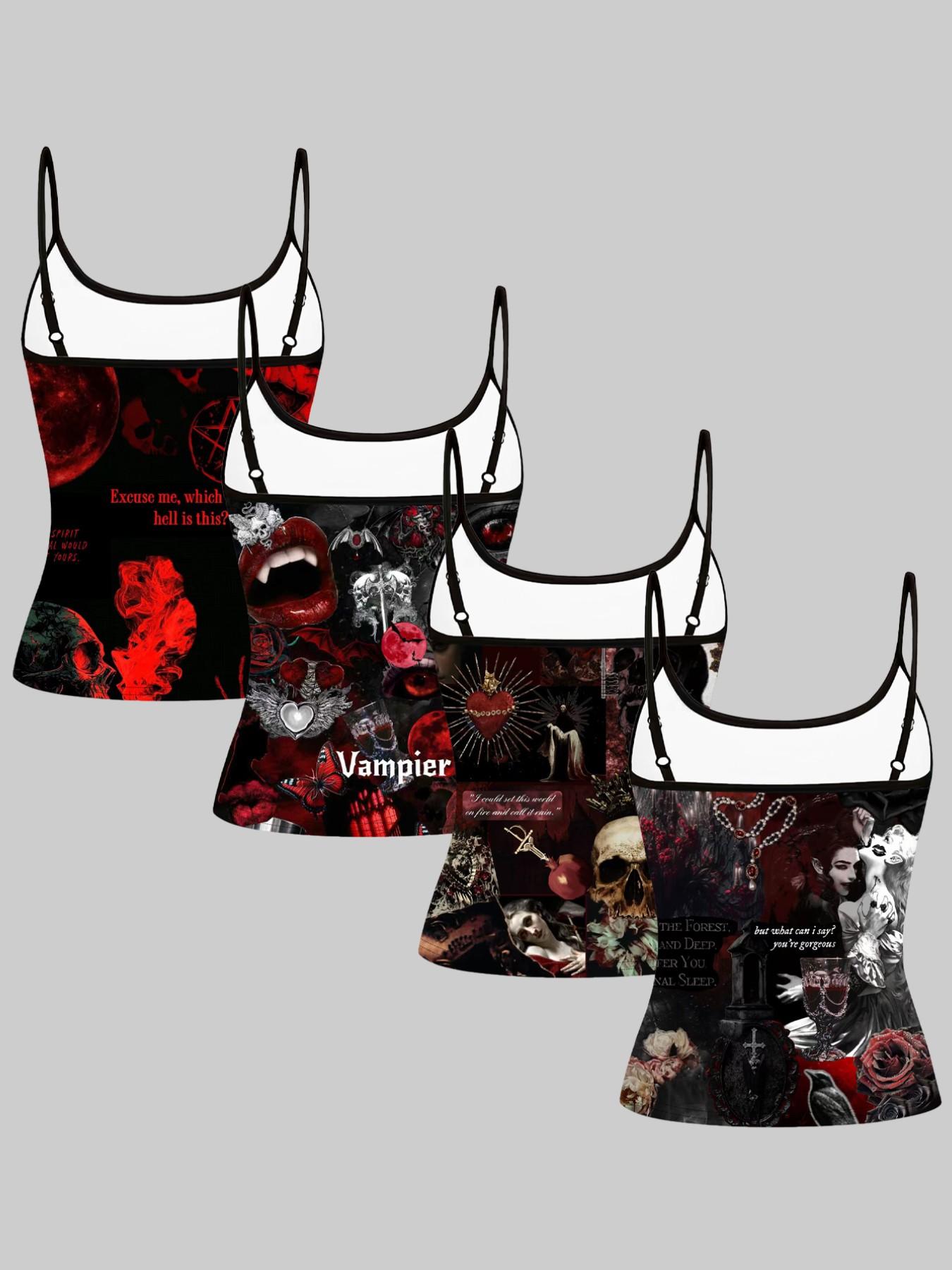 Gothic Dark Vampire Skull Print Straps, Summer Home Sleepwear Outer Wear, Unique Slim-Fit Top Set of Four Pieces