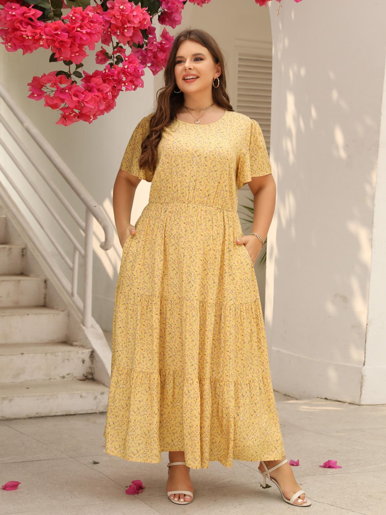 Women's Ditsy Floral Print A Line Dress, Boho Fashion Casual Plus Size Short Sleeve Dress for Daily Wear, Women Clothing, Womenswear, Summer Boho Clothes Women