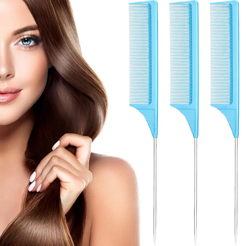 3 Packs Carbon Fiber Rat Tail Combs, Heat-Resistant Teasing & Styling Combs with Stainless Steel Pintail, Durable Hairdressing Hair Tools