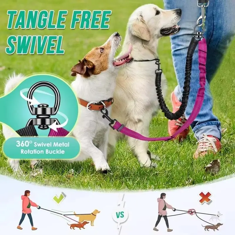 Dual Dog Leash with 1.6ft Shock Absorbing Bungee, No-Tangle Double Dog Walking Lead, Adjustable Durable Leash Coupler for Small, Medium and Large Dogs, Stretchy Training Accessory for Outdoor Walks, Hiking and Daily Adventures