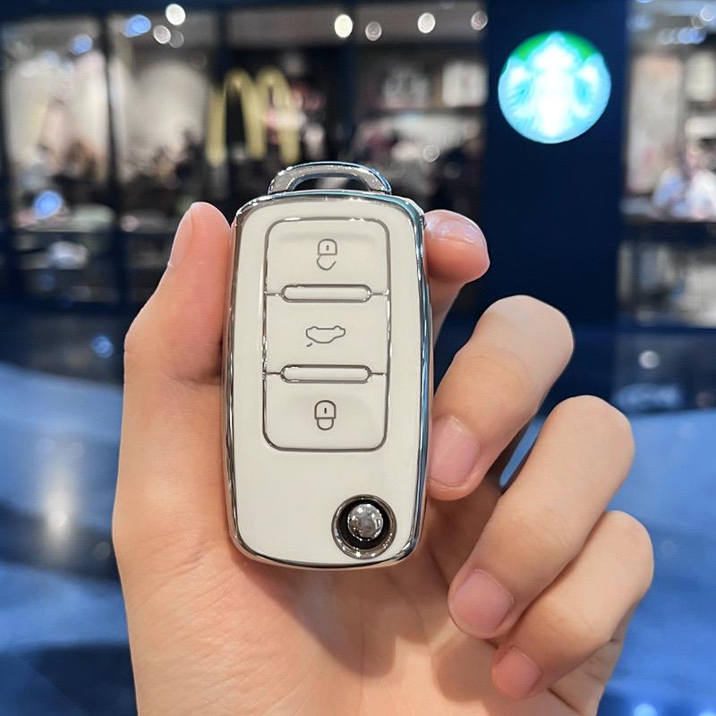 TPU Car Key Case with Keychain, Fashionable Car Key Protector for VW Volkswagen Polo Golf Passat Tiguan Beetle Caddy T5 Up Eos For Skoda Octavia Seat Leon Altea，Women Gift, Car Key Accessory