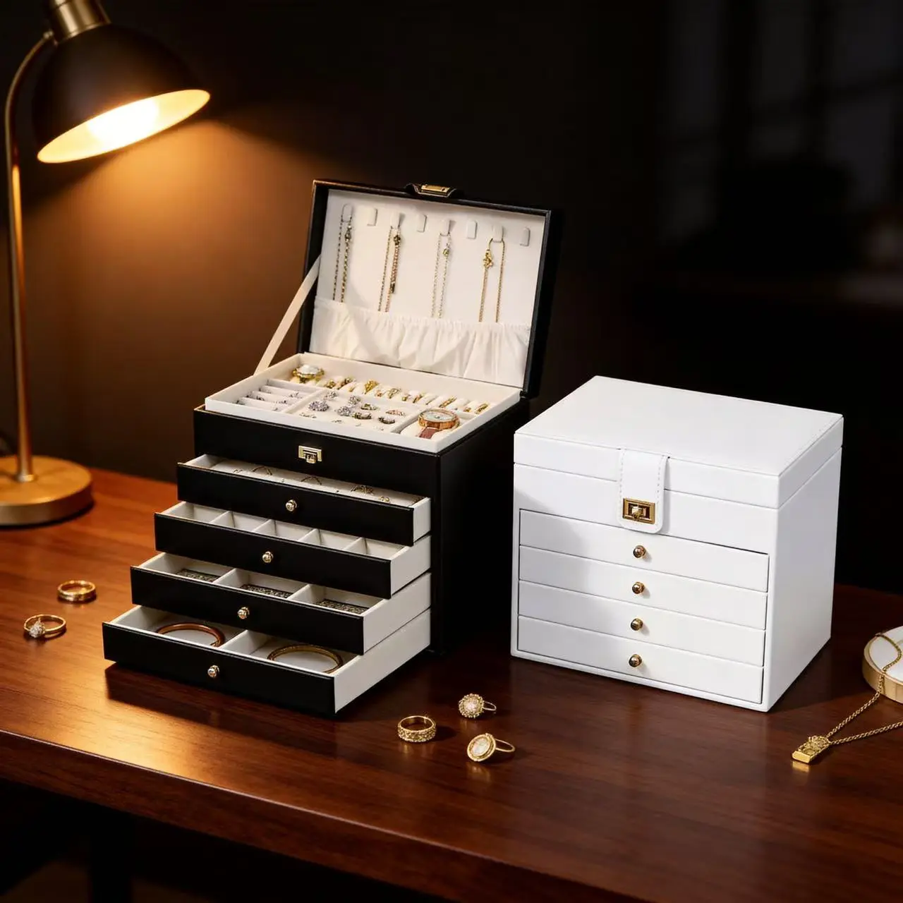 Large Capacity Multi-layer Leather Jewelry Box, Lockable Jewelry Organizer Storage Case for Necklaces Earrings Rings Watch
