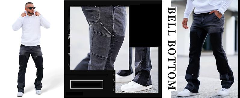 GINGTTO Men's Stacked Flared Jeans Relaxed Bootcut Patchwork Streetwear Straight Leg Stretch Denim Pants