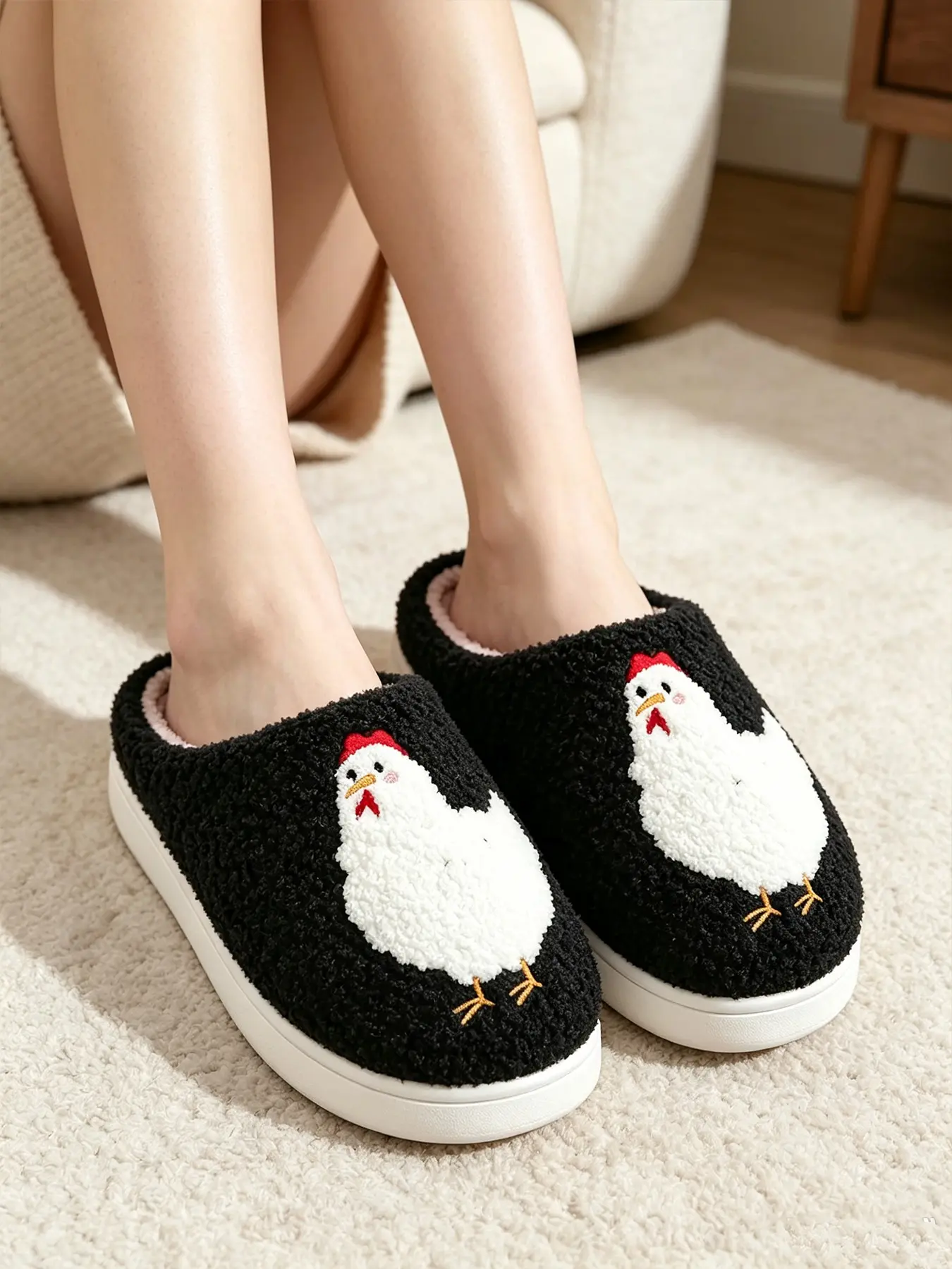 Soft Plush Hen Slippers, Fluffy Warm Home Slippers, Cute Chicken Embroidered Indoor Outdoor Shoes, Fall Winter Gift for Farm Parents