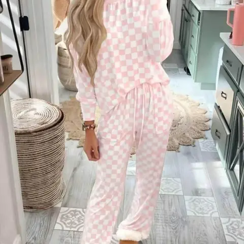 Sexy Plaid Long Sleeve Top and Pants Pajama Set for Women, Autumn Casual Sleepwear, Comfortable Set Pjs