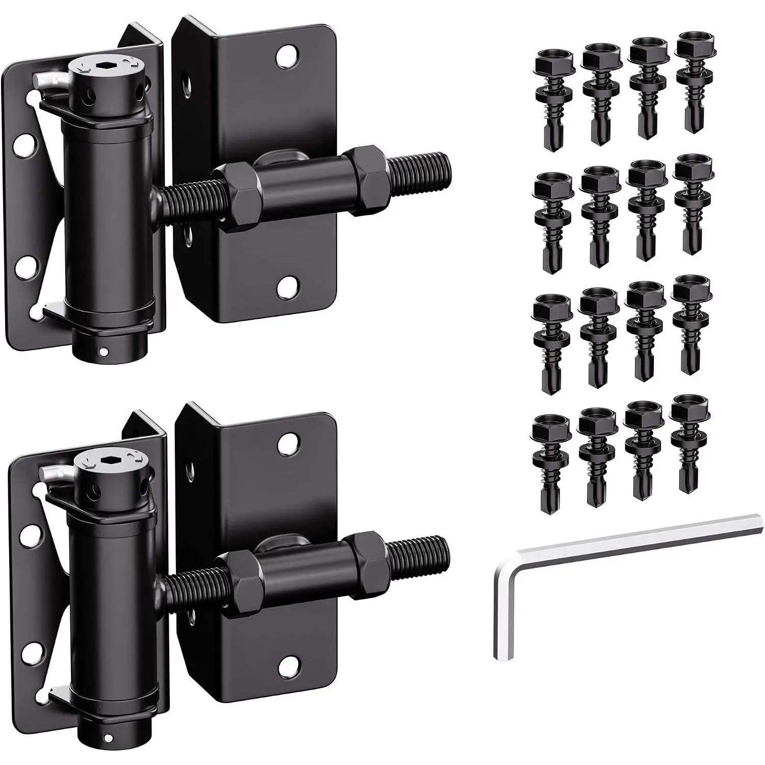 Heavy Duty Self Closing Gate Hinges for Metal/Vinyl/PVC/Wood Fence,90 Degree Narrow Wood Door Hinges with Adjustable Tension,Gate Closer Hinges for Swing Door,Gate Hardware Kit,2 Pack/Set,Black Finish