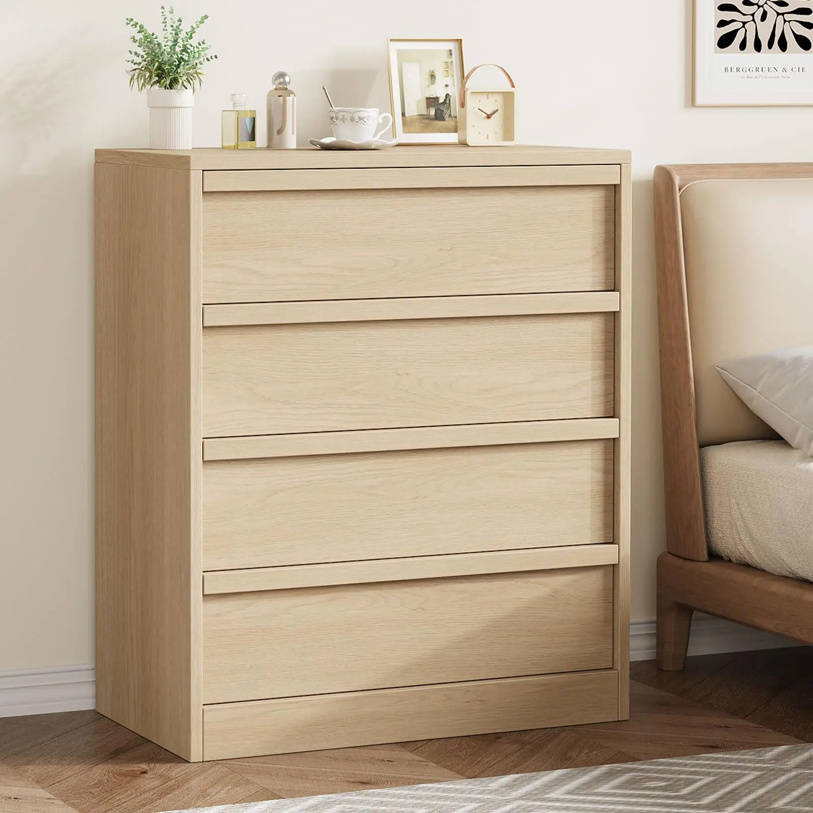 Garvee Tall Narrow Dresser Chest of Drawers - Modern Wooden Storage Cabinet, Space-Saving Vertical Design - for Bedroom, Nursery, Living Room, Entryway - 4 Drawers, Natural Oak