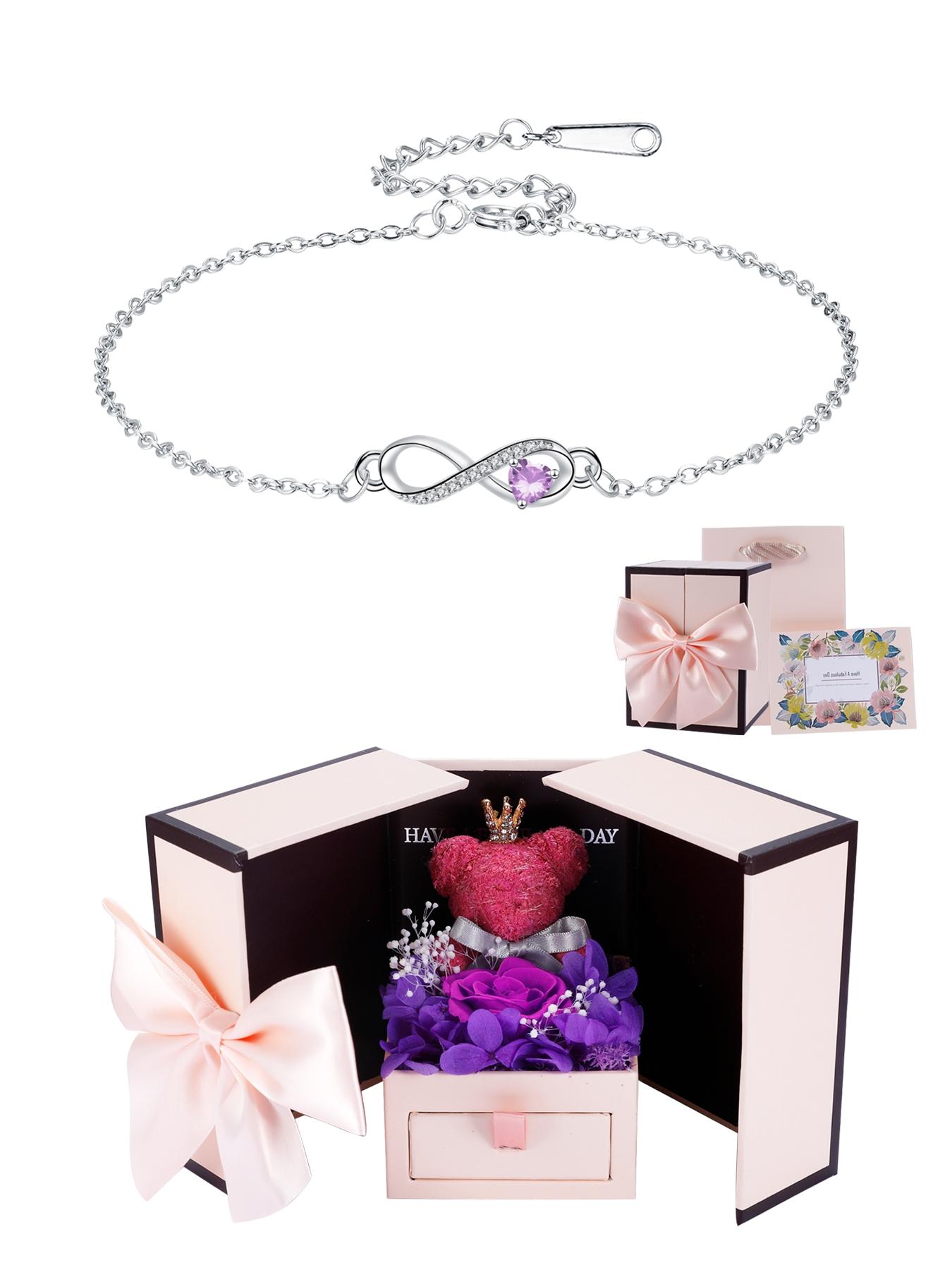 Love Heart CZ Birthstone Infinity Bracelets With Moss Bear Rose Jewelry Gift Box, Endless Love Symbol Bracelets for Women, Anniversary Birthday Christmas Jewelry Gift for Wife Mom Daughter, Heart Shaped Bracelet
