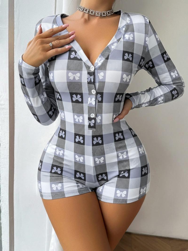 Women's Cozy Long Sleeve Buttoned Pajama Romper, All over Print One Piece Loungewear Bodysuit, Comfortable Sleepwear for Women