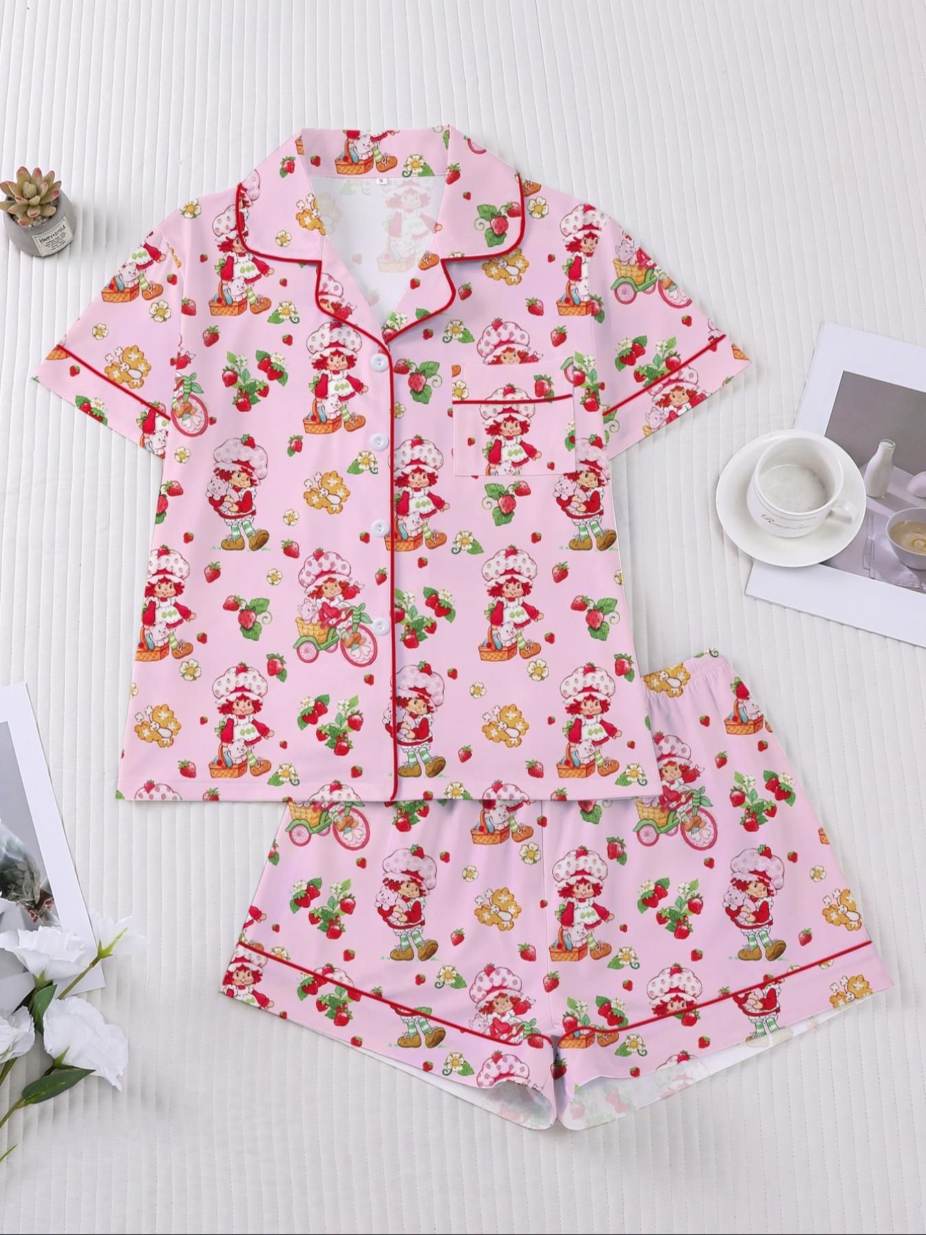 Women's Strawberry Cartoon Print Sleepwear Set, Short Sleeve Button-Up Top & Elastic Shorts, Casual Home Wear for Daily Use