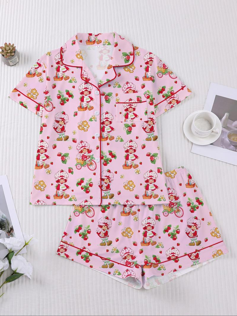 Women's Strawberry Cartoon Print Sleepwear Set, Short Sleeve Button-Up Top & Elastic Shorts, Casual Home Wear for Daily Use