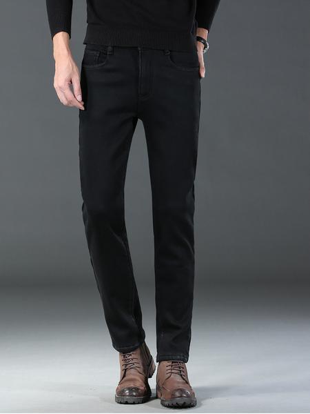 Men's Thick Winter Denim Jeans, High Waist Loose Straight Leg Pants, Fitted Street Style Warm Elastic Casual Trousers