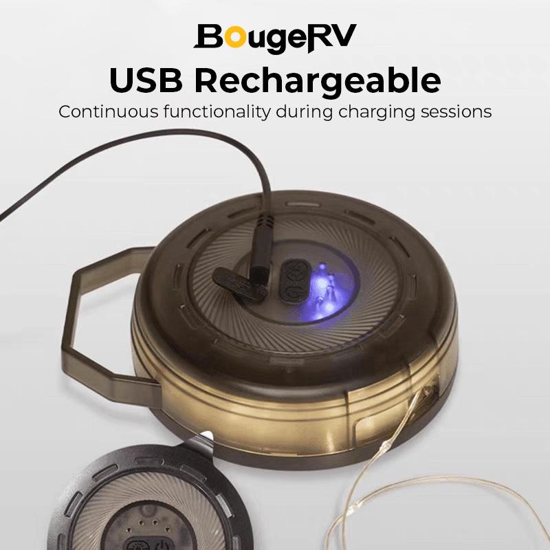 BougeRV Camping String Lights 2025, 3 in 1 Quick Storage 33FT Rechargeable Retractable String Lights with 3 Lighting Modes, Waterproof Emergency Light Outdoor Led Bulbs