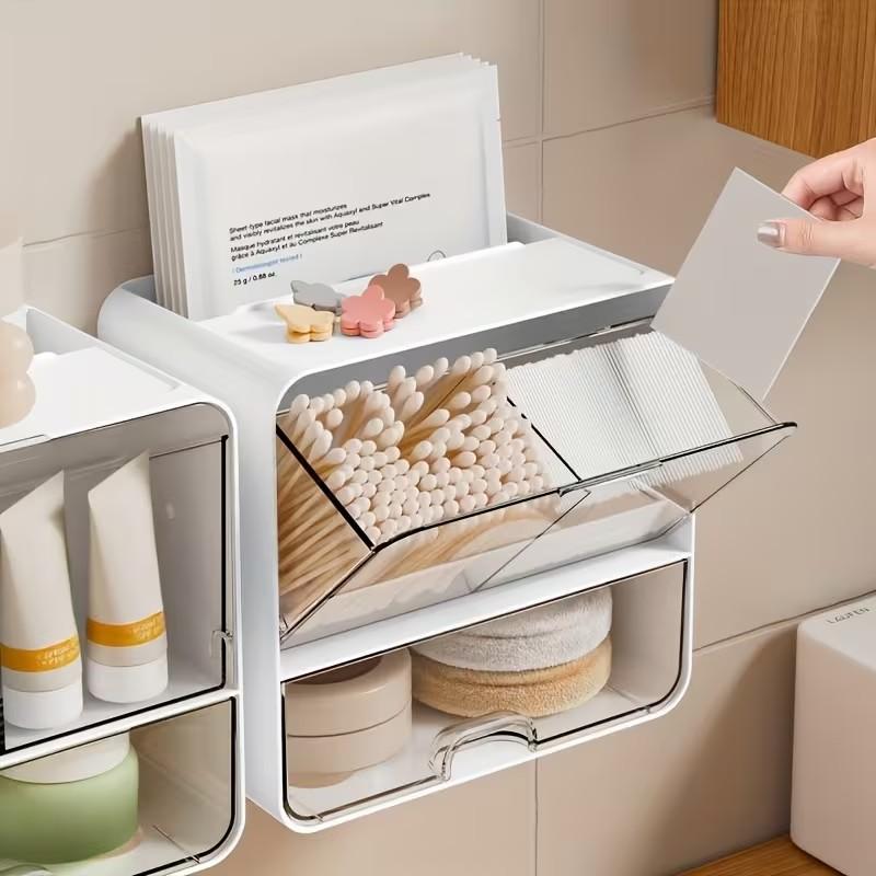 Large Capacity Bathroom Shelf, Wall-Mounted Makeup Cotton Storage Box, Q-Tips, Powder Puffs, Cosmetics Organizer, Multi-Functional Storage Box