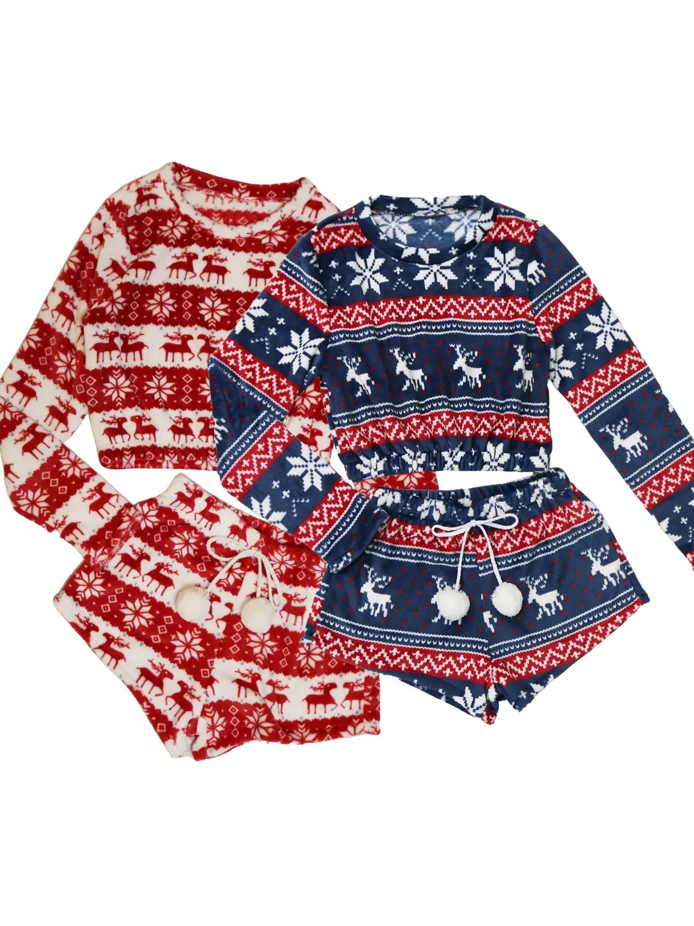 Women's Geometric Print Coral Fleece Loungewear Set, Fluffy Pajamas, Boho Long Sleeve Sleep Top & Pom Pom Decor Drawstring Shorts, Women's Sleepwear, Valentine's Day Gift for Girl