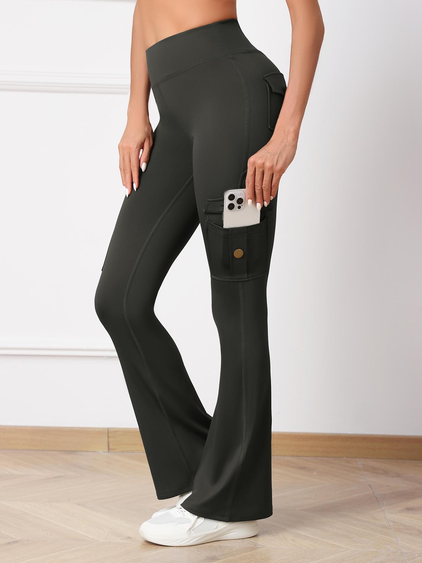 Women's High-Waisted Sporty Yoga Flare Pants, Tight-Fitting All-Season Activewear, Moisture-Wicking Breathable Fabric, Side Pockets & Button Design, Black Pants, Activewear Bottoms
