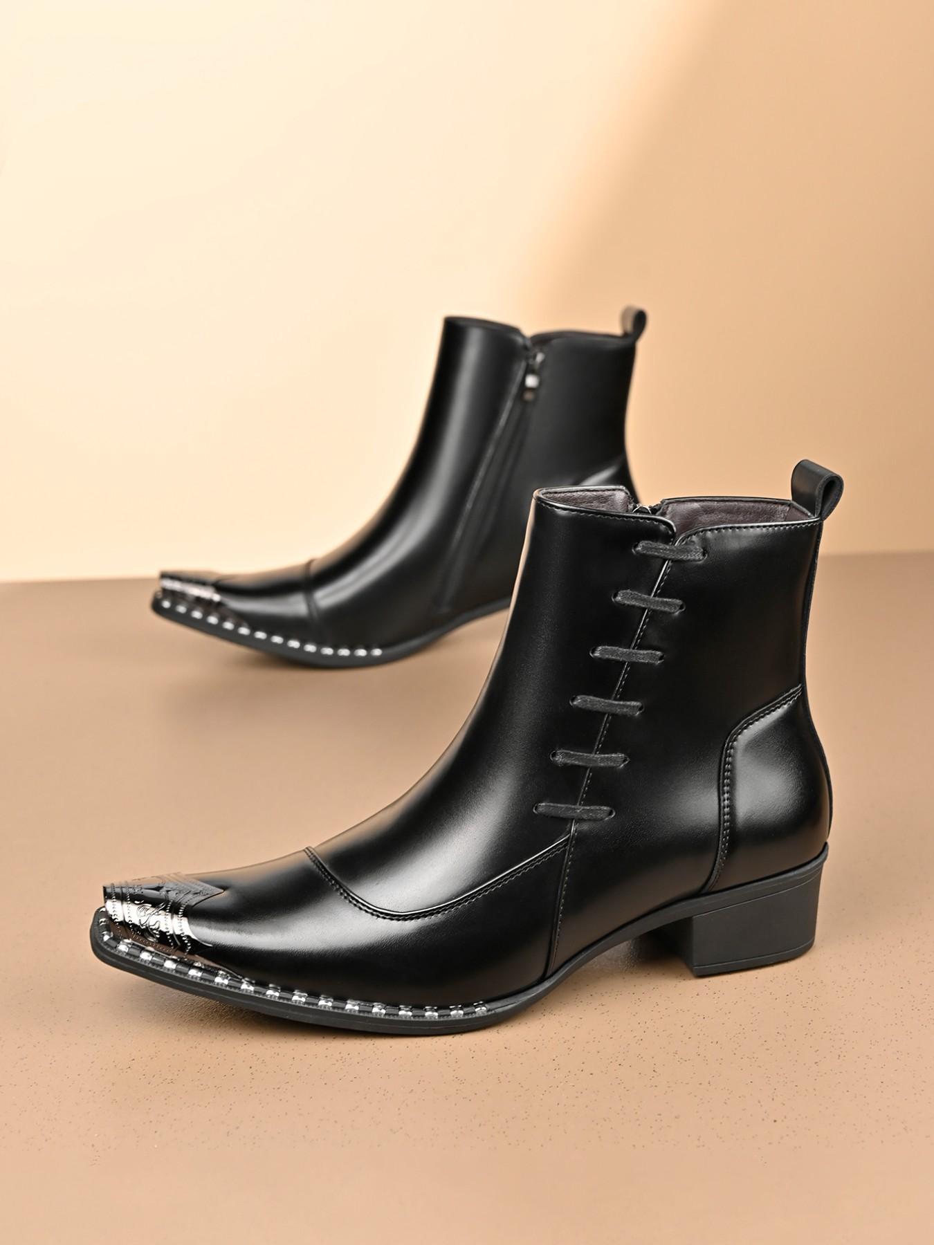 Men's British Style High Heel Pointed Toe Short Boots, Business Casual Fashion Low Heel Rubber Sole, Office Daily Wear