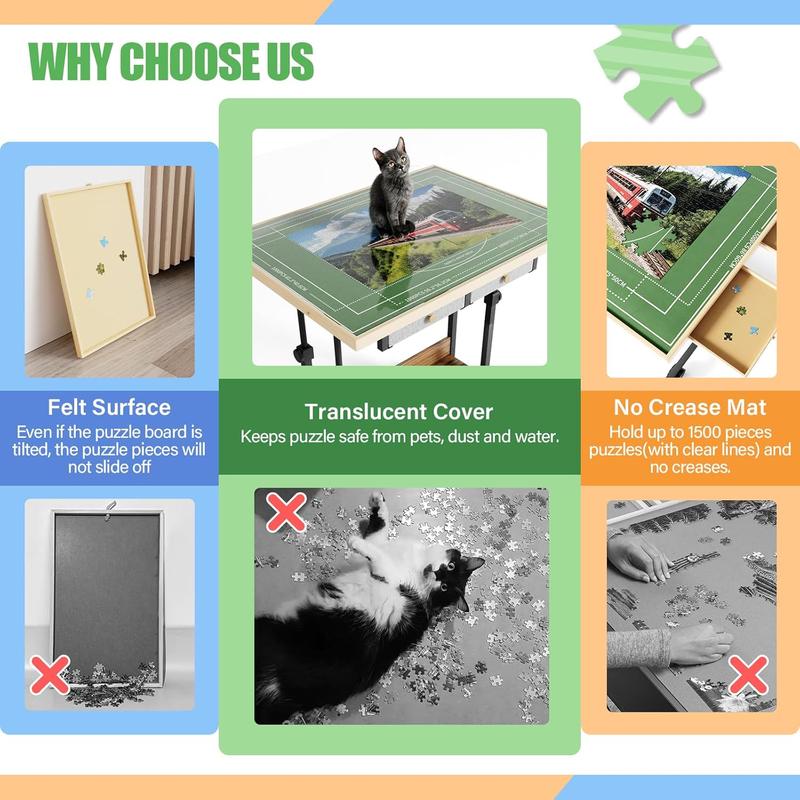 POZILAN 1500-2000 Piece Jigsaw Puzzle Table with Legs, Adjustable 5-Tilting-Angle Board with 6 Drawers with 4 Wheels for Adults