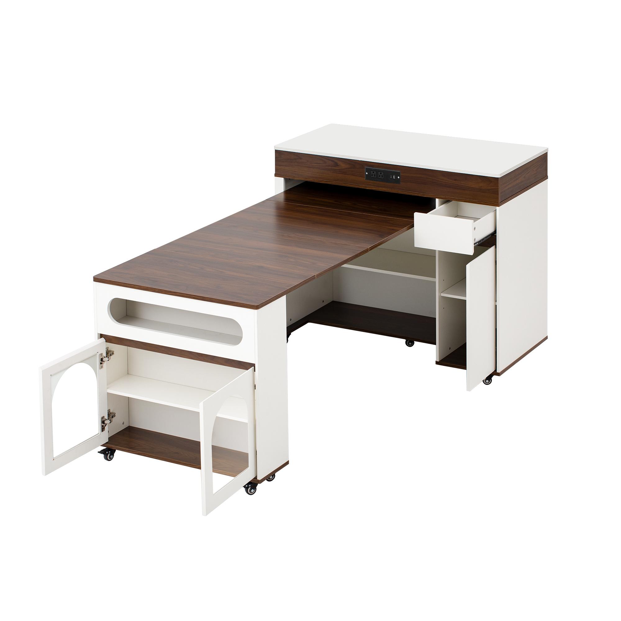 TREXM Extendable Dining Table with Extra-Long Folding Top Rolling Kitchen Island with Drawers Power Outlet Brake Lock Storage Cabinet for Kitchen Dining Room Walnut Creamy White Combo Item
