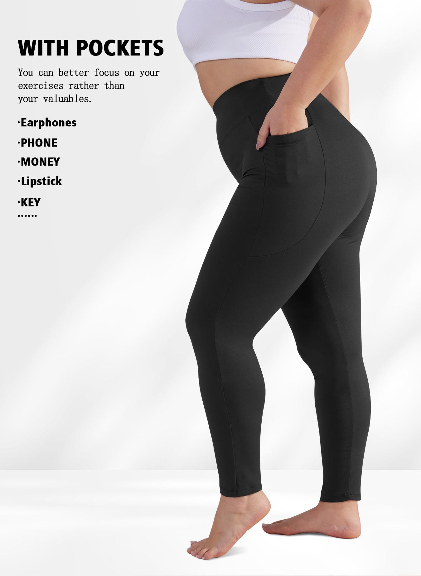 Plus Size Solid High Waisted Pocket Leggings with Pockets, High Stretch Four-Way Stretch, All-Day Comfort Fit for Any Occasion, Fashionable Versatile Leggings