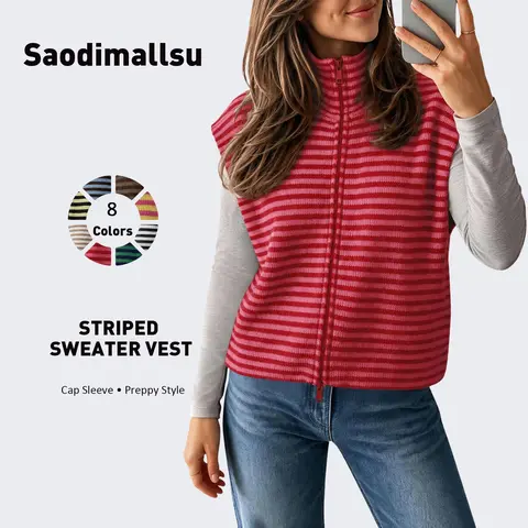 Saodimallsu Women's Striped Zip-Up Long Sleeve Knitwear - Lightweight Knitting Cardigan, Shrug Vest Women's Cardigans, Casual Tops for Fall Summer