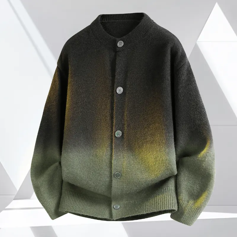 Men's Classic Fashion Long-Sleeve Knitwear Cardigan - Gradient Tie-Dye Ombre, Crew Neck, Single-Breasted Wooden Buttons, Side Pockets, Vintage Menswear Tops for Autumn Winter Casual Daily Wear