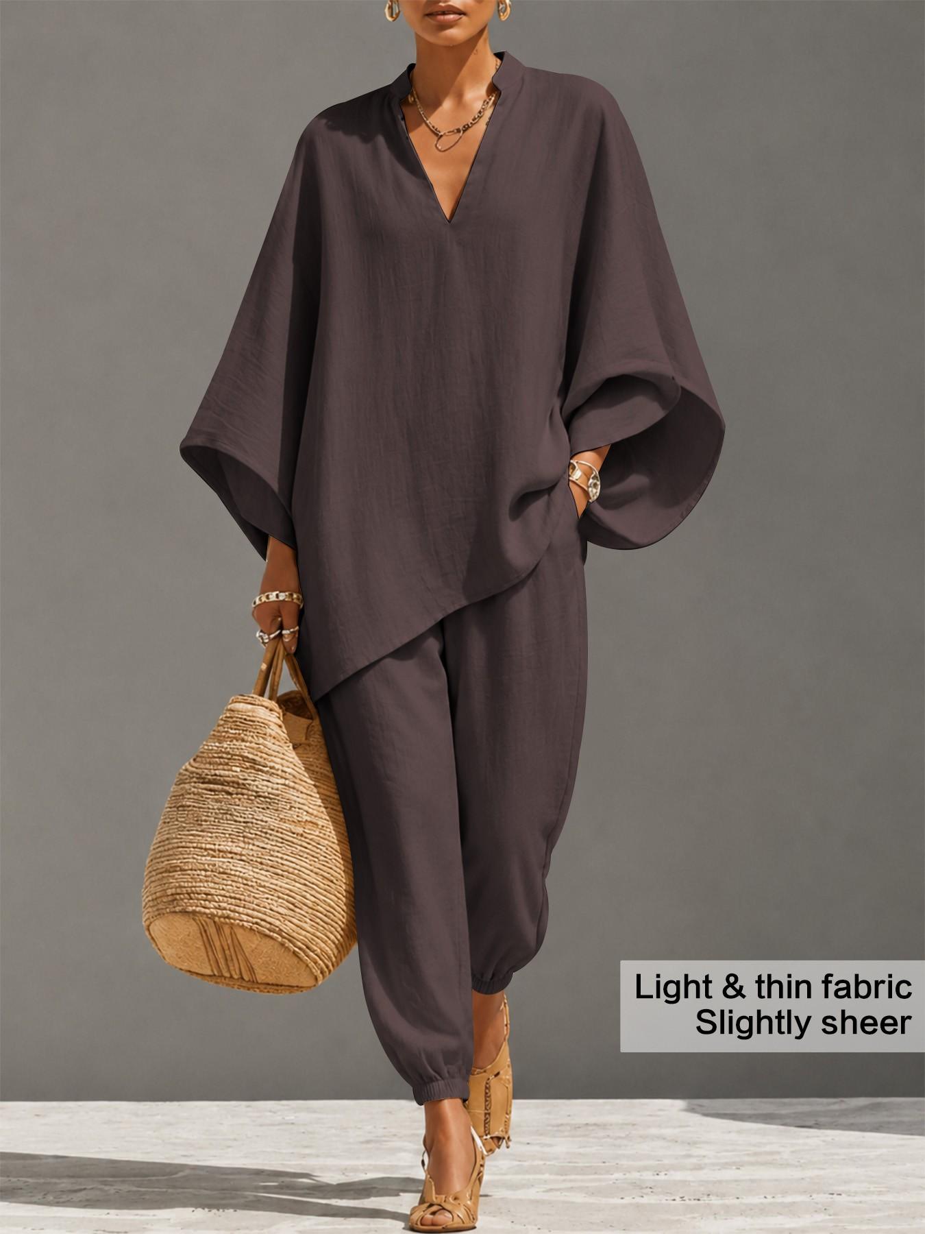 Women's Oversized Light Linen-Look 2-Piece Set, Batwing Long Sleeve Blouse Top & Drawstring Pants, Comfy Casual Style for Travel & Vacation