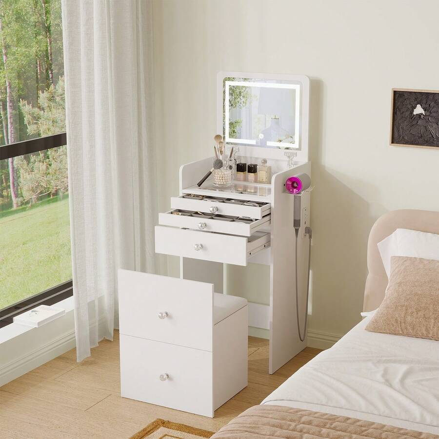 3-in-1 Compact Makeup Vanity Desk Flip LED Mirror Power Outlet 3 Drawers Storage Stool Small Dressing Table Gift for Women Girls 3-in-1 Compact Makeup Vanity Desk Flip LED Mirror Power Outlet 3 Drawers Storage Stool Small Dressing Table Gift for Women Girls