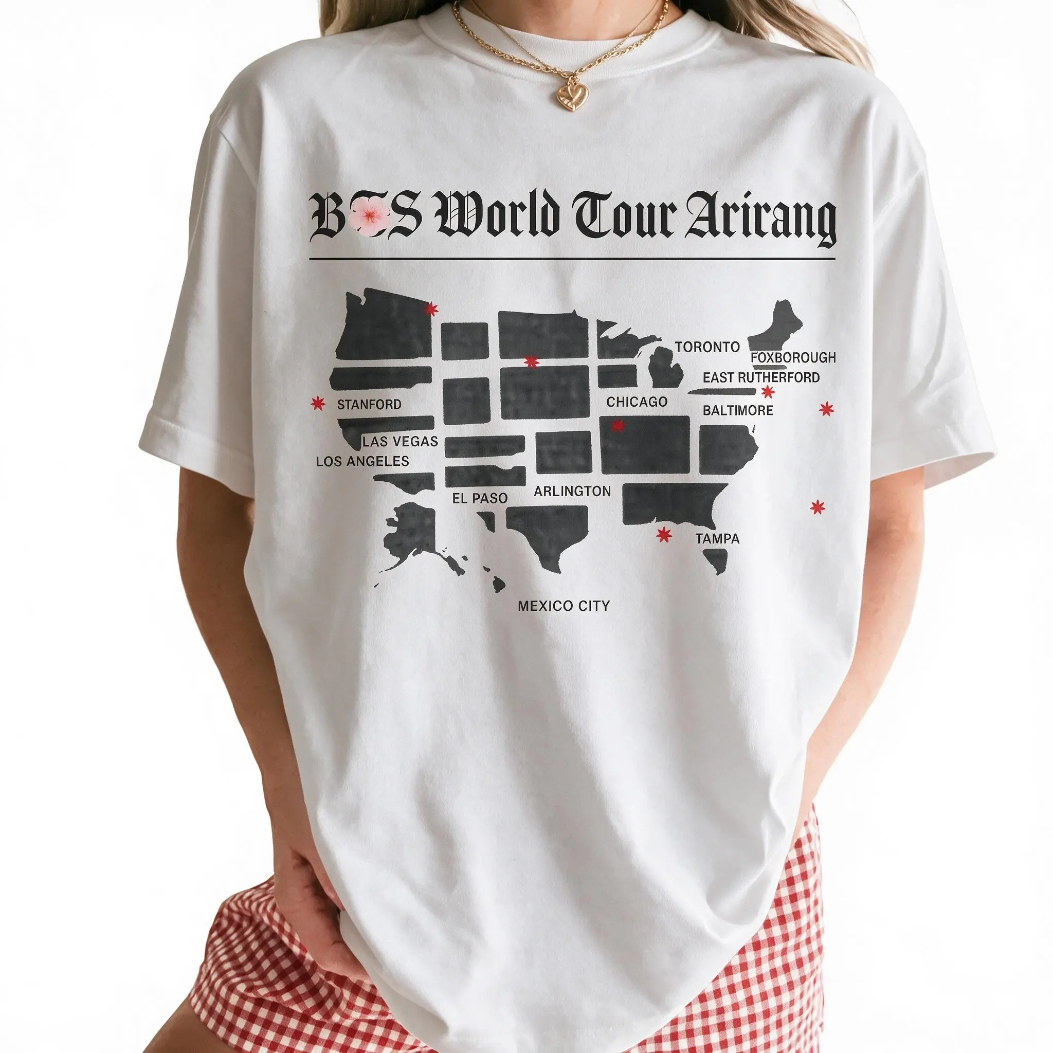 Women's Map Arirang World Tour in US Graphic Knitted Short-Sleeve Cotton T-Shirt - Unisex Clothes, Garment for Day Wear, Piece