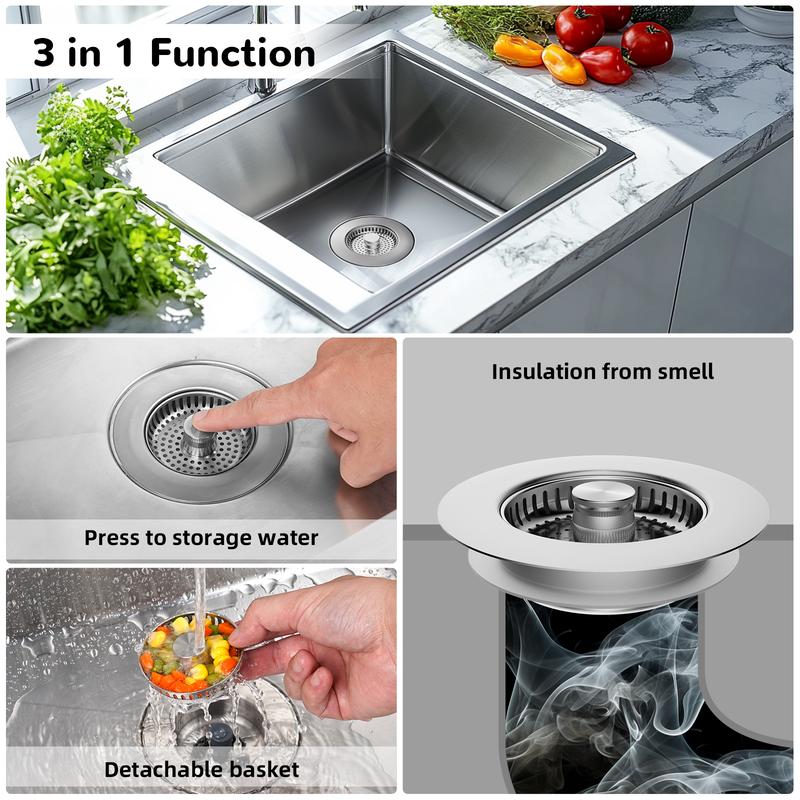 Hibbent 3 in 1 Kitchen Sink Drain Strainer and Stopper Combo, Chrome Stainless Steel Wraped Shell, Anti-Clogging Basket Strainer with Foldable Handle for US Standard 3-1/2" Drain