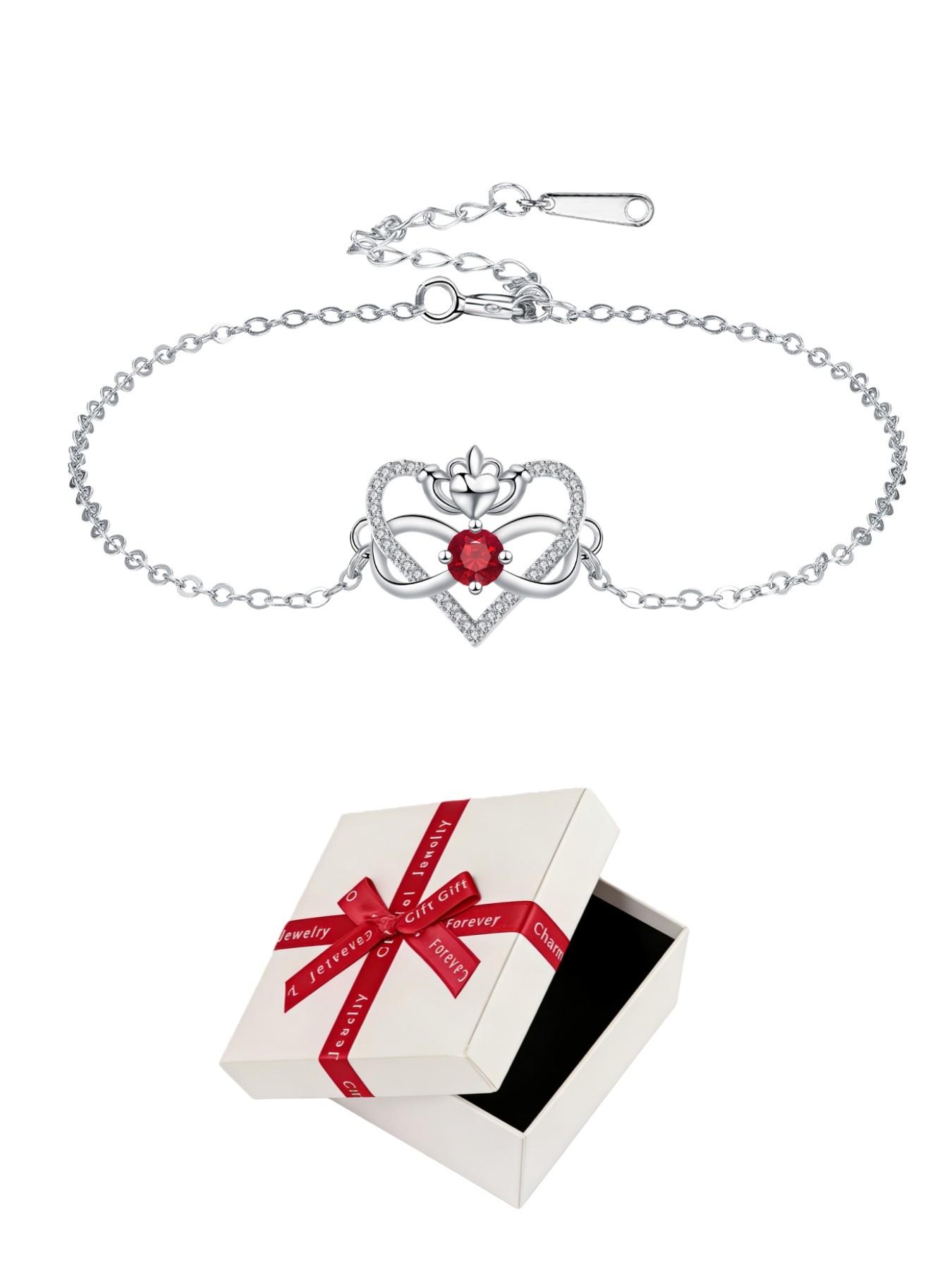 Heart Crown Queen · Ruby Bracelet Elegant heart-shaped bracelet with sparkling zircon infinity symbol, stylish and versatile.Paired with a surprise double-door preserved rose jewelry gift box.Ideal gift for birthdays, Mother’s Day and Valentine’s Day.