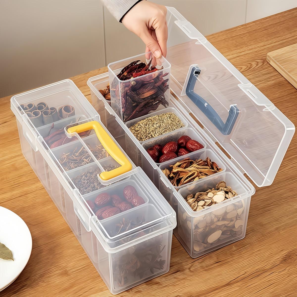 7 PCS Storage Box Set, clear plastic containers for spices, grains, and snacks, easy-access design for kitchen organization, perfect for home cooking, meal prep, and countertop storage
