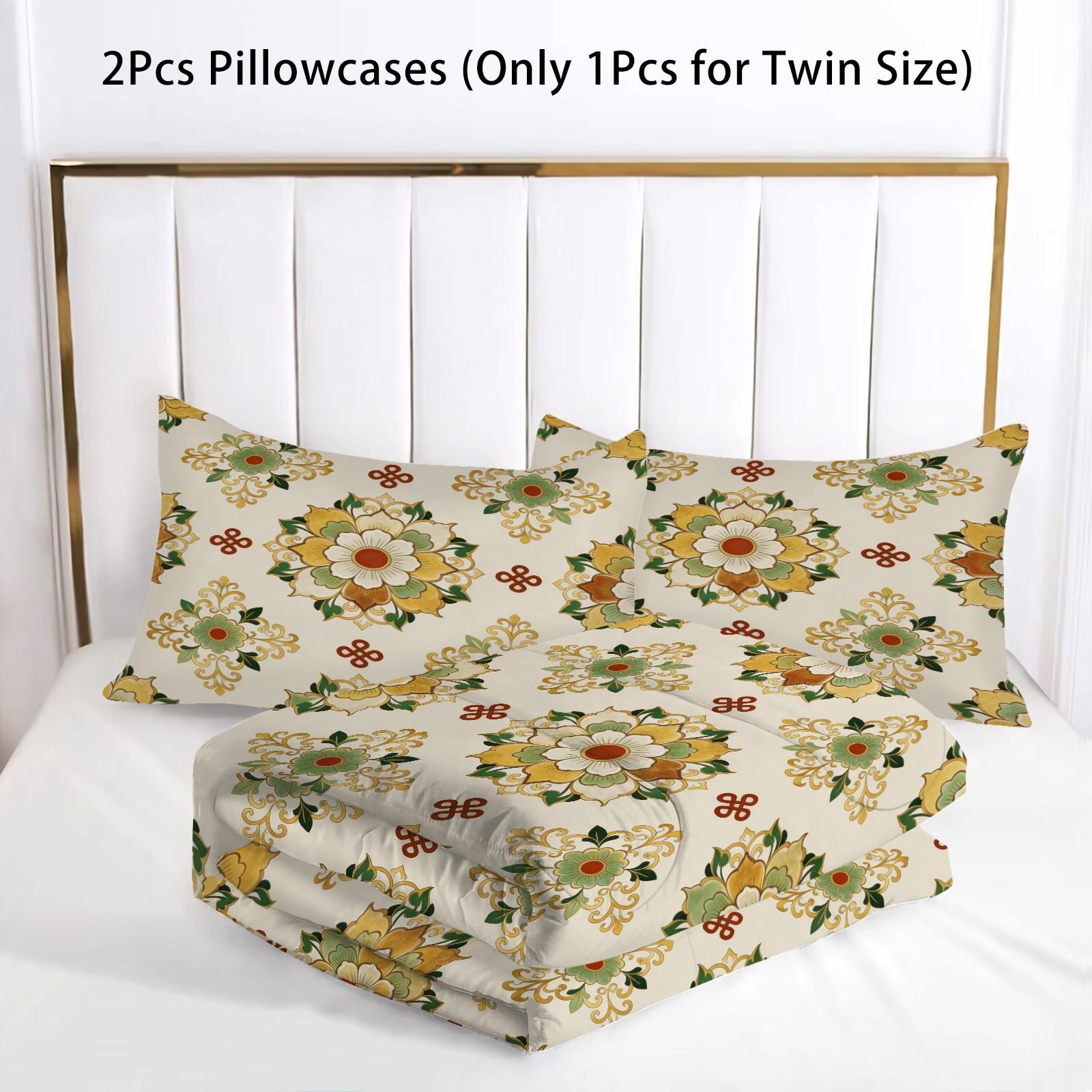 2/3 Piece Vintage Floral Mandala Comforter Set, HD Digital Printed Quilt, Soft Plush Bedding Set (Pillowcases No Inserts), U-Stitched All-Season Bed Comforter for Bedroom