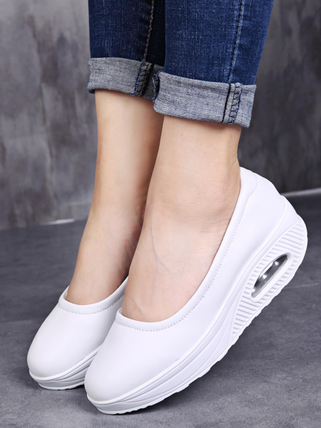 Women's Breathable Thick Sole Swing Shoes, Casual Leather Slip-On Sneakers for Spring & Fall, Comfortable Air Cushion Design