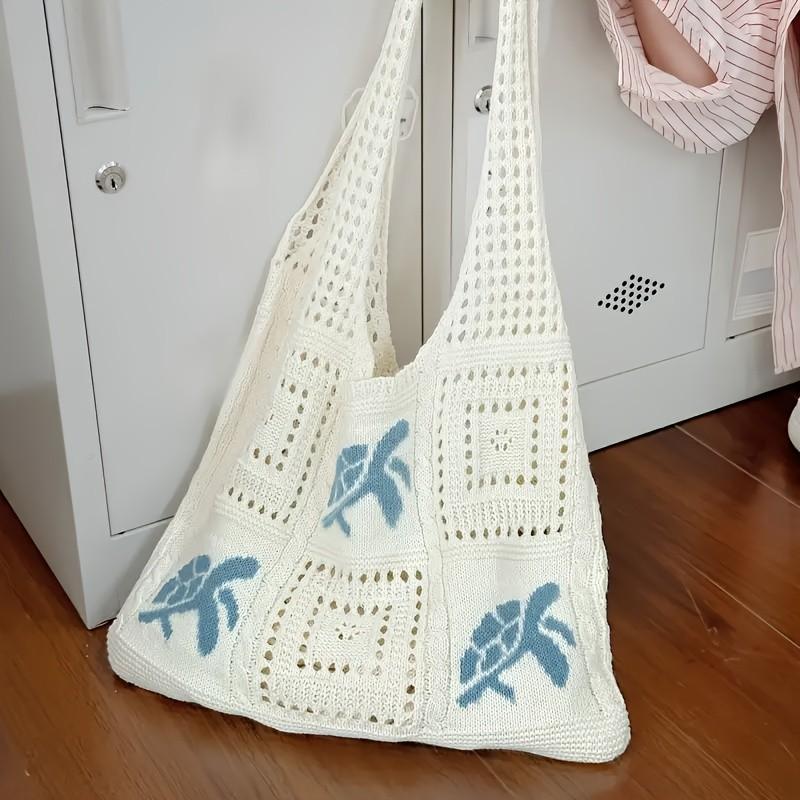 Boho Turtle Pattern Beach Woven Bag, Large Capacity Storage for Sunscreen, Sunglasses, Small Towels, Perfect for Sea Trips