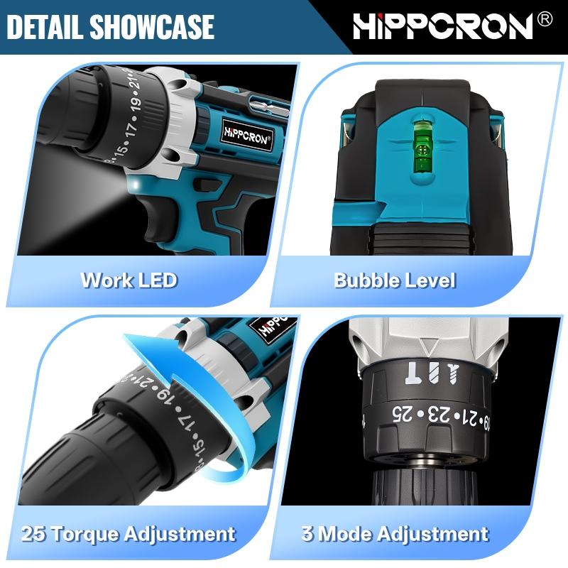 HIPPCRON 21V Cordless Impact Drill Driver Kit, 50N·m 25 GEARS+3 FUNCIONS Torque Settings with 3/8" Keyless Chuck, 800mAh Fast-Charge Battery & LED Light, Compact Professional-Grade Tool for Home Improvement & Auto Repair