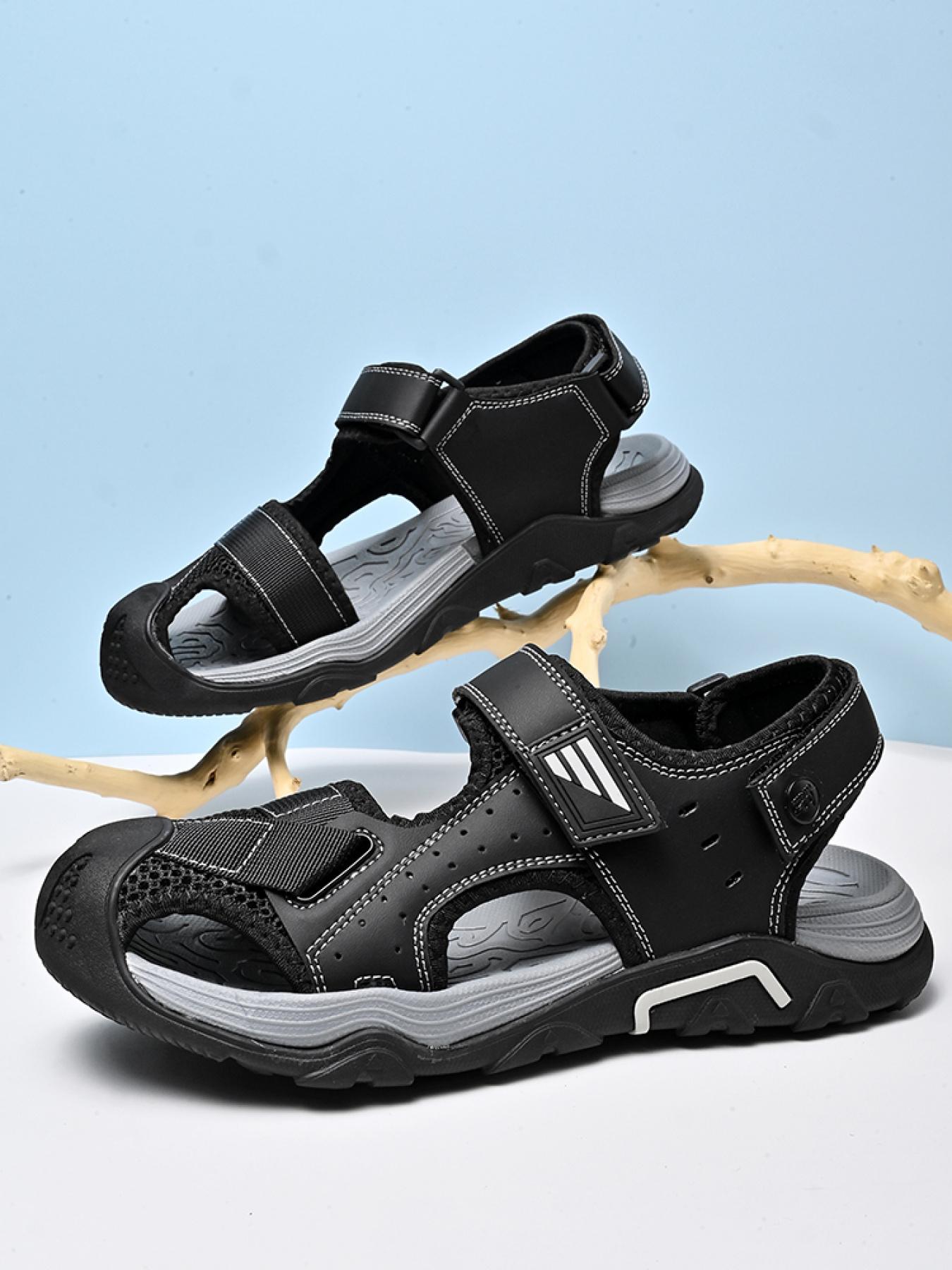 Men's beige solid color dual-use closed-toe outdoor sandals, adjustable with Velcro, non-slip beach shoes, breathable stream sandals