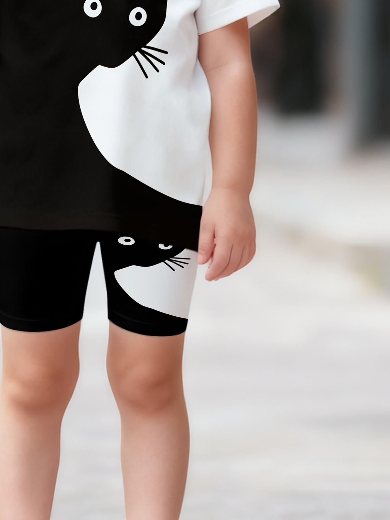 Korean Style Girls Cartoon Cat Colorblock Short Sleeve & Biker Shorts Set Summer Soft Kids 2Pcs
