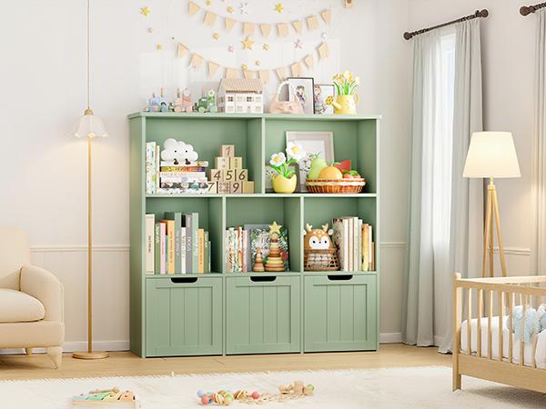 FOTOSOK Toy Storage Organizer with 3 Movable Drawers, Toy Organizer with Hidden Wheels and 5 Open Cubbies, Multifunctional Floor Storage Chest for Playroom