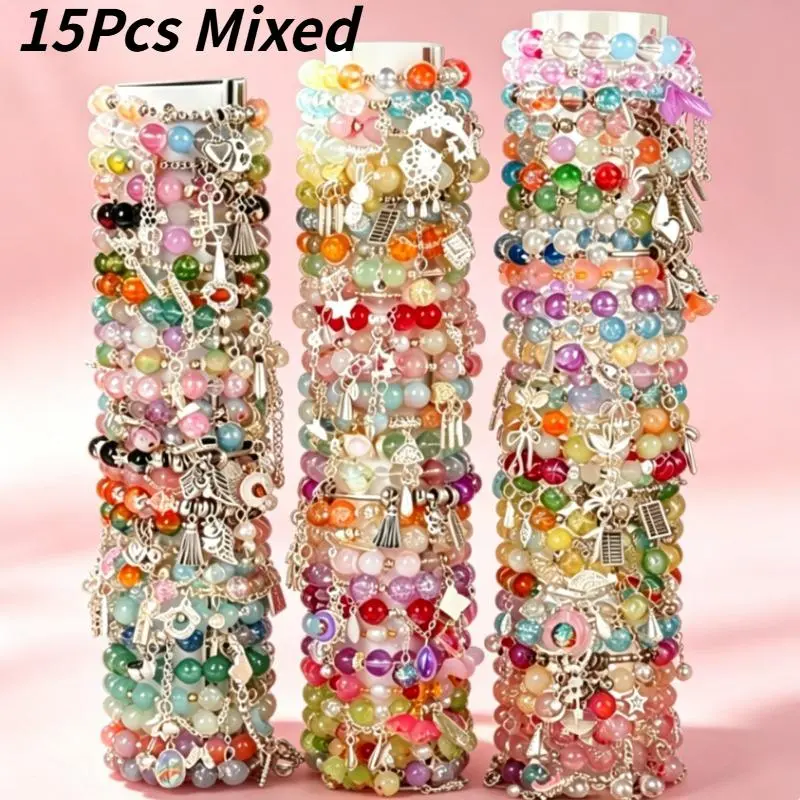 15Pcs Multi-Colors Glass Beads Bracelet Mixed Set - Cute Bowknot, Flower, Butterfly Charms, Casual Costume Jewelry for Daily Outfits, Stackable Bracelet for Style Customization