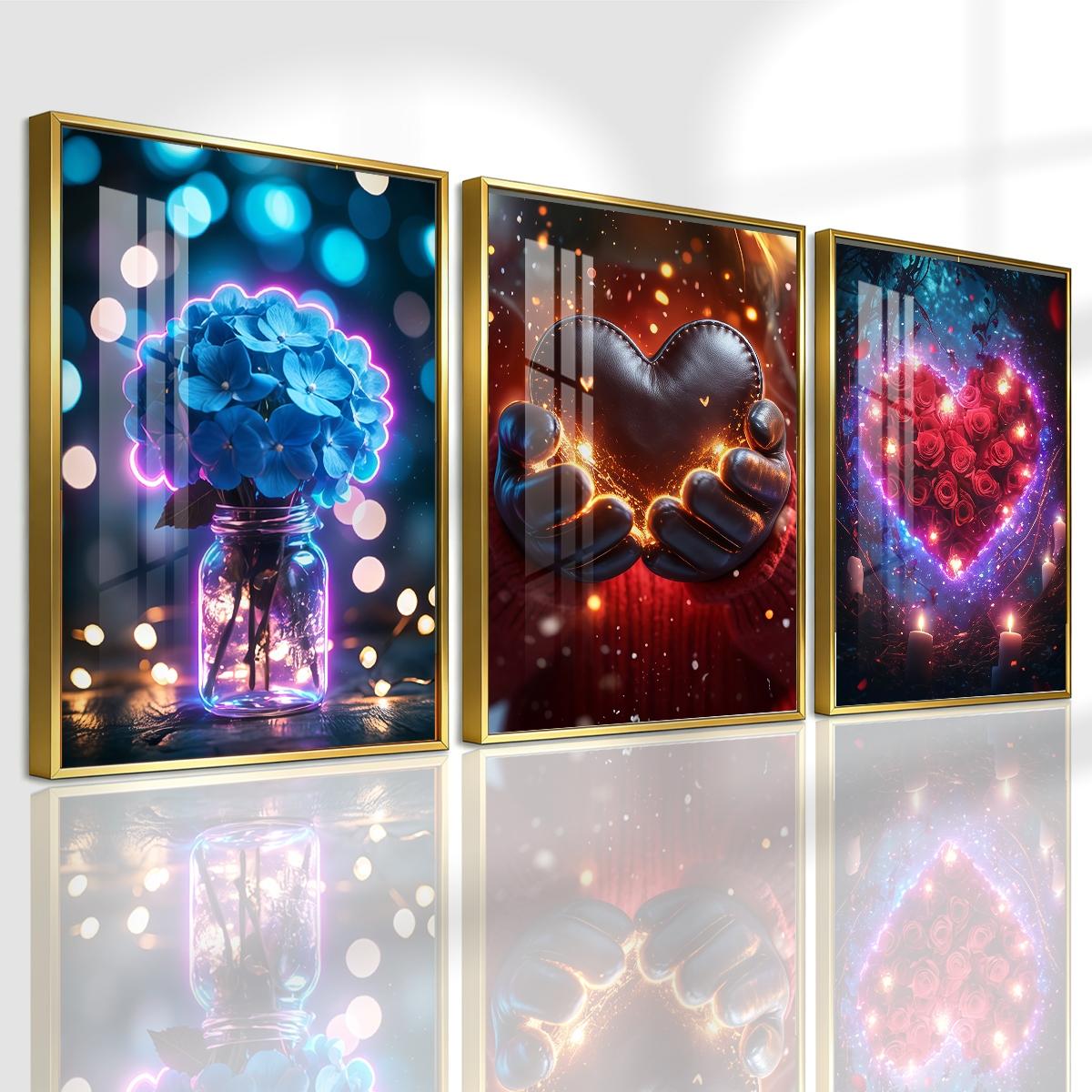 3 Counts Aluminum Alloy Framed Painting, Romantic Roses Hearts And Flowers Pictures, Home Decoration For Living Room, Bedroom, Office, Restaurant, Hallway Wall Decor, Odorless Print Artwork, Luxury Perfect Gift For Friends And Family