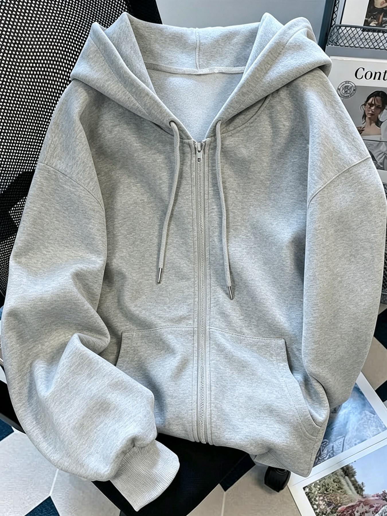 Women Solid Color Long-Sleeve Zip Up Hoodie, Oversized Loose Fit Drawstring Hooded Sweatshirt With Front Pocket, Casual Daily Streetwear, Basic Full Zip Hoodie, Casual Hooded Sweatshirts, Drawstring Hoodies