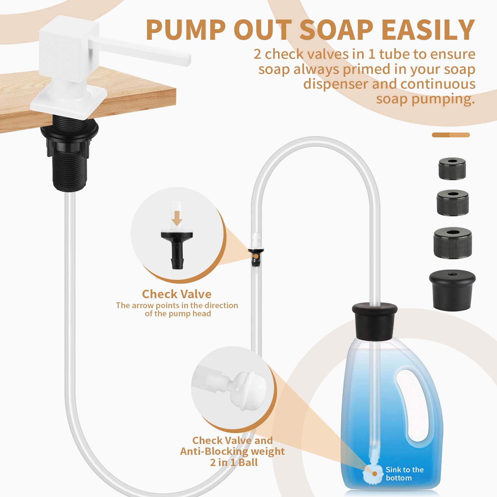 Kitchen Hack - Sink Soap Dispenser Tube Kit, with 47" Tube Hose and Check Valve for Prevent Backflow for Countertop Dispensador De Jabon de Cocina Kitchen Sink Accessories Home Goods Water White Silicone Bottle Container Installation Pump Outdoorfun