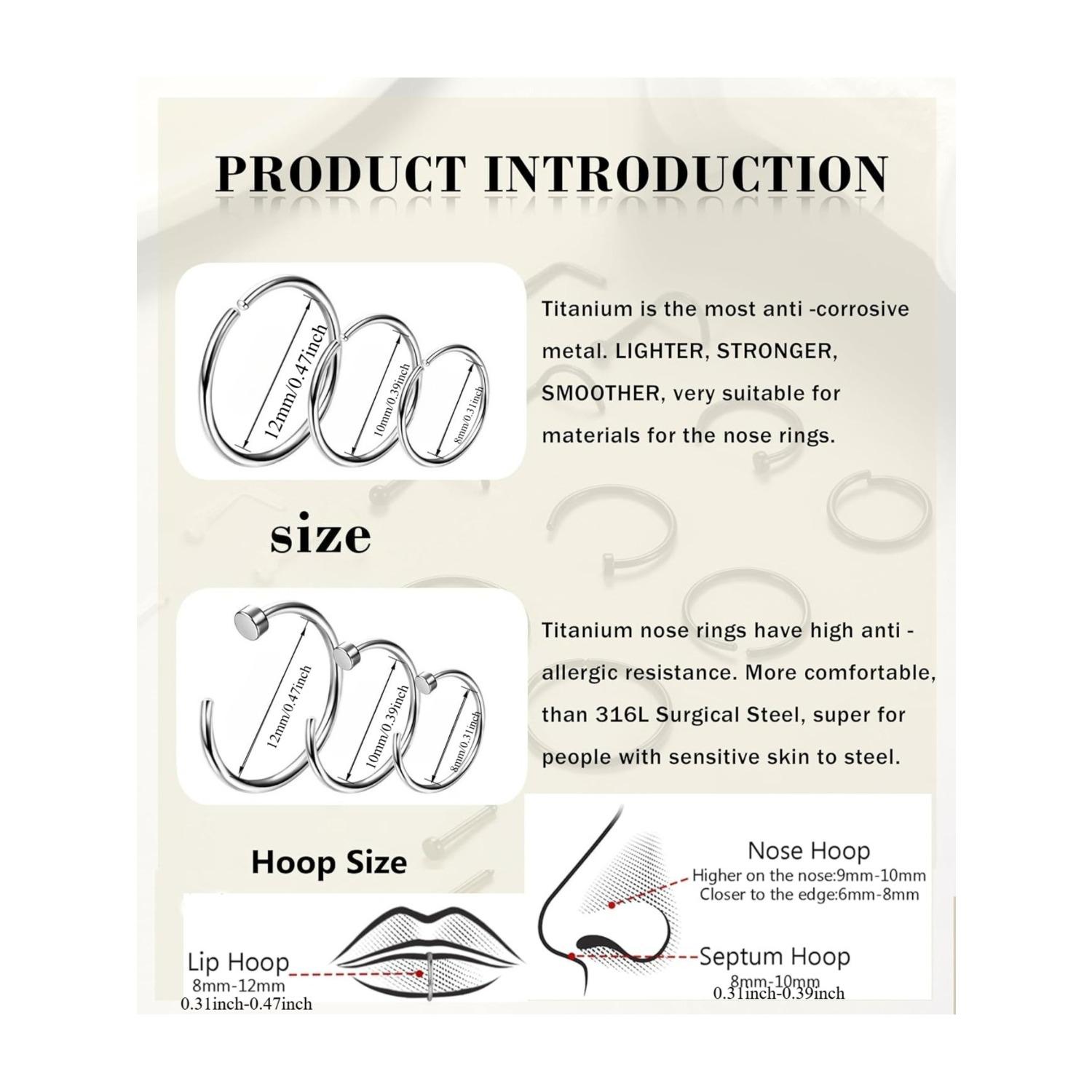 18 Pcs Hypoallergenic G23 Titanium Nose Ring Studs for Sensitive Skin 20G Nose Ring Hoops Nose Studs for Women Men 2mm Small Titanium Nose Piercing Jewelry