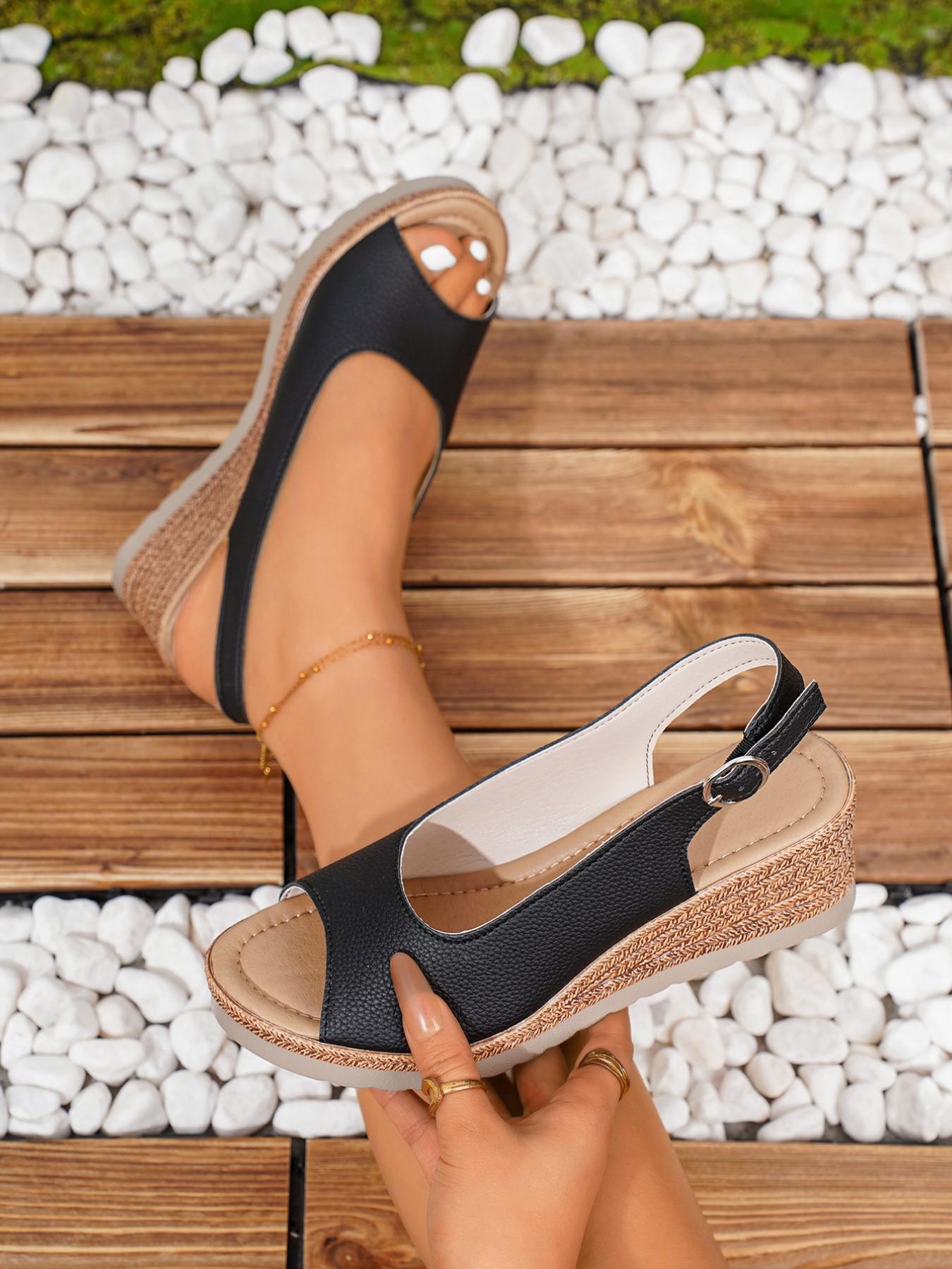 Women's Large Size Wedge Heel Thick Sole Sandals, Solid Color Lightweight PU Fashion New Style, One Strap Fish Mouth Female Sandals