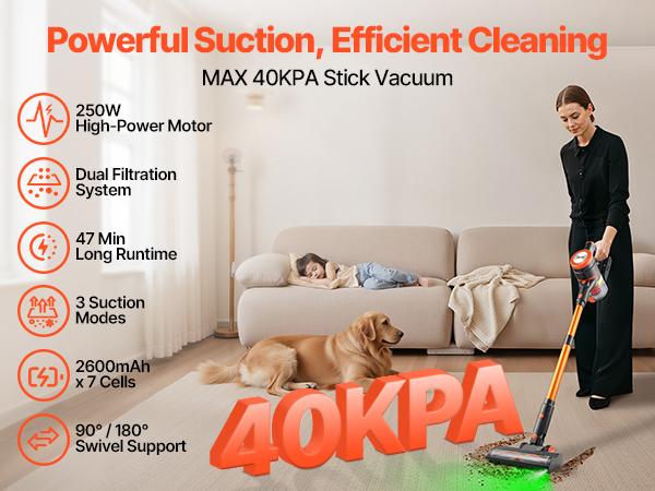 【Summerfinds】VEVOR Cordless Vacuum Cleaner, 40KPA Max Suction, Rechargeable Anti-Tangle Stick Vacuum with LED Display Screen, Lightweight Handheld Vac with 47mins Runtime for Home, Carpet, Pet Hair, Hard Floor
